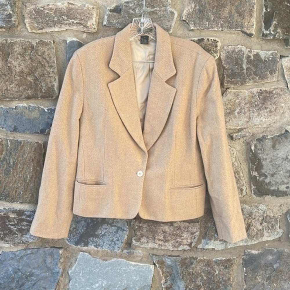 J. Crew Vintage Wool Blend One Button Blazer Jacket in Tan Woven Tweed Size 12